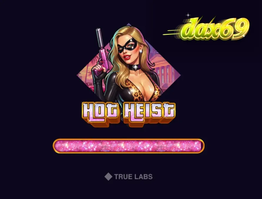 Tampilan layar permainan slot Hot Heist dengan nuansa neon dan simbol perampokan.